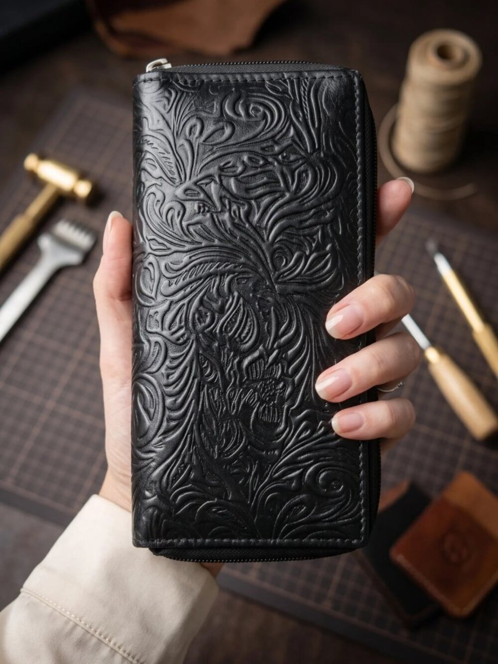 Floral Embossed Leather Checkbook Cover, RFID Protected Women Long Black Wallet